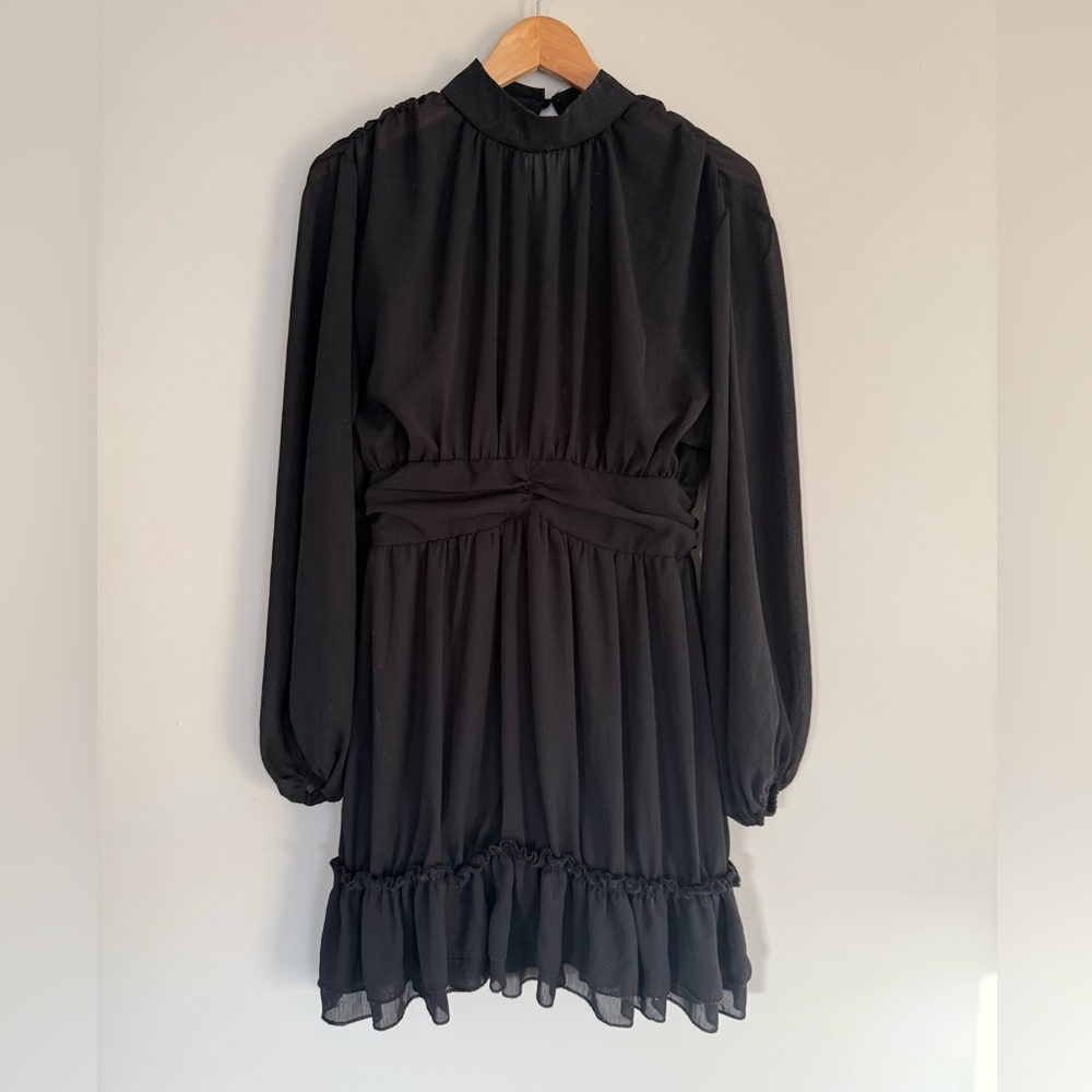 Elegant Black Mock Neck Ruched Waist Airy Chiffon Long Sleeve Mini Dress Size M